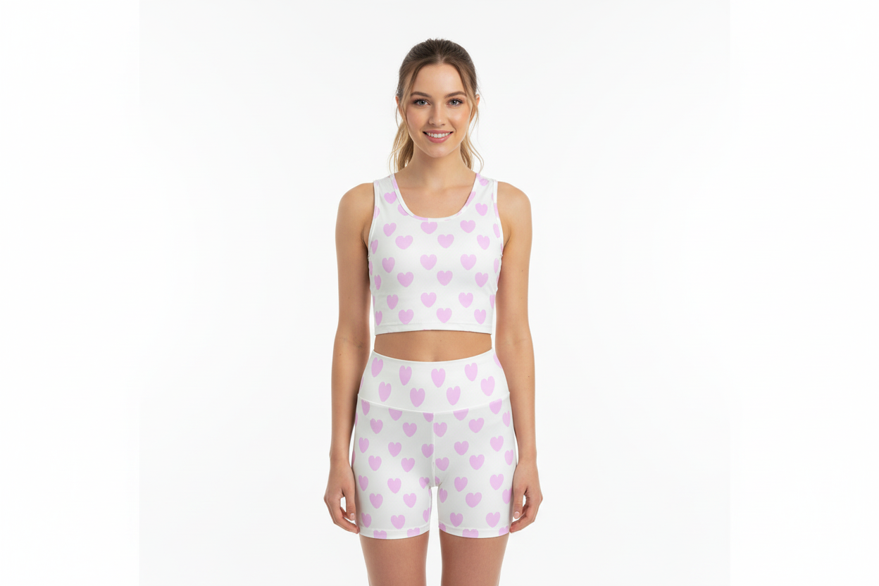 Sweet Love Hearts Women's Crop Top & Yoga Shorts Set (Pink x White)