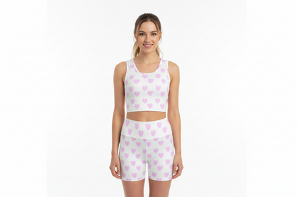 Sweet Love Hearts Women's Crop Top & Yoga Shorts Set (Pink x White)