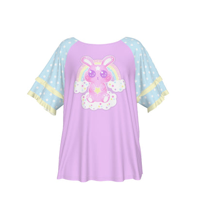 Wishing Bunny Purple Round Neck Raglan Sleeve Ruffle Frill T-Shirt