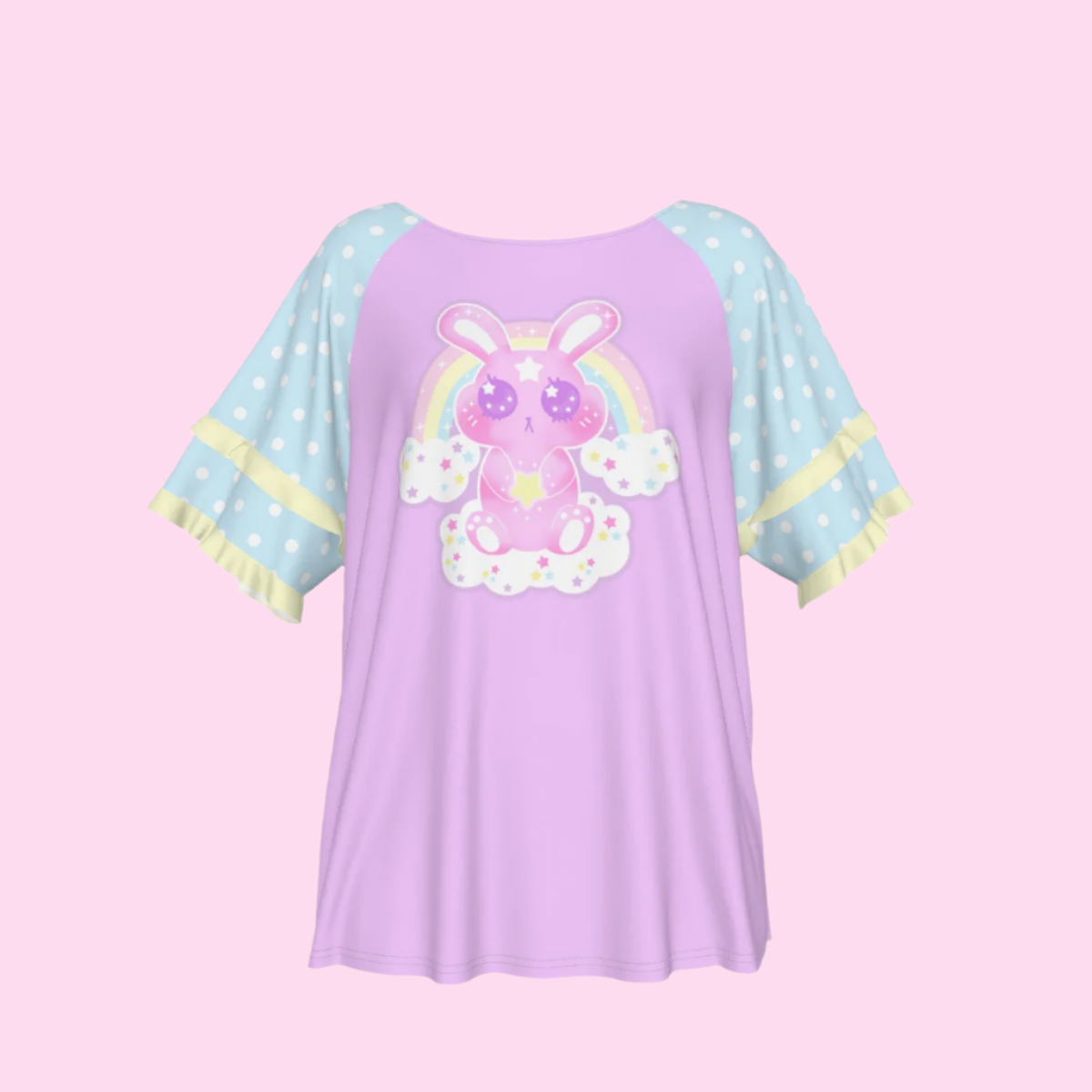 Wishing Bunny Purple Round Neck Raglan Sleeve Ruffle Frill T-Shirt