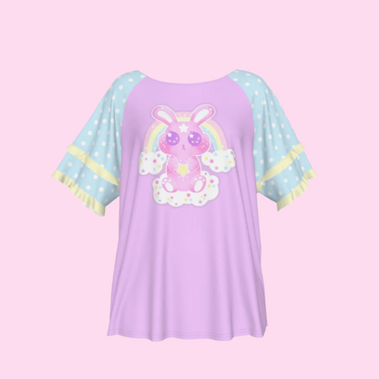 Wishing Bunny Purple Round Neck Raglan Sleeve Ruffle Frill T-Shirt