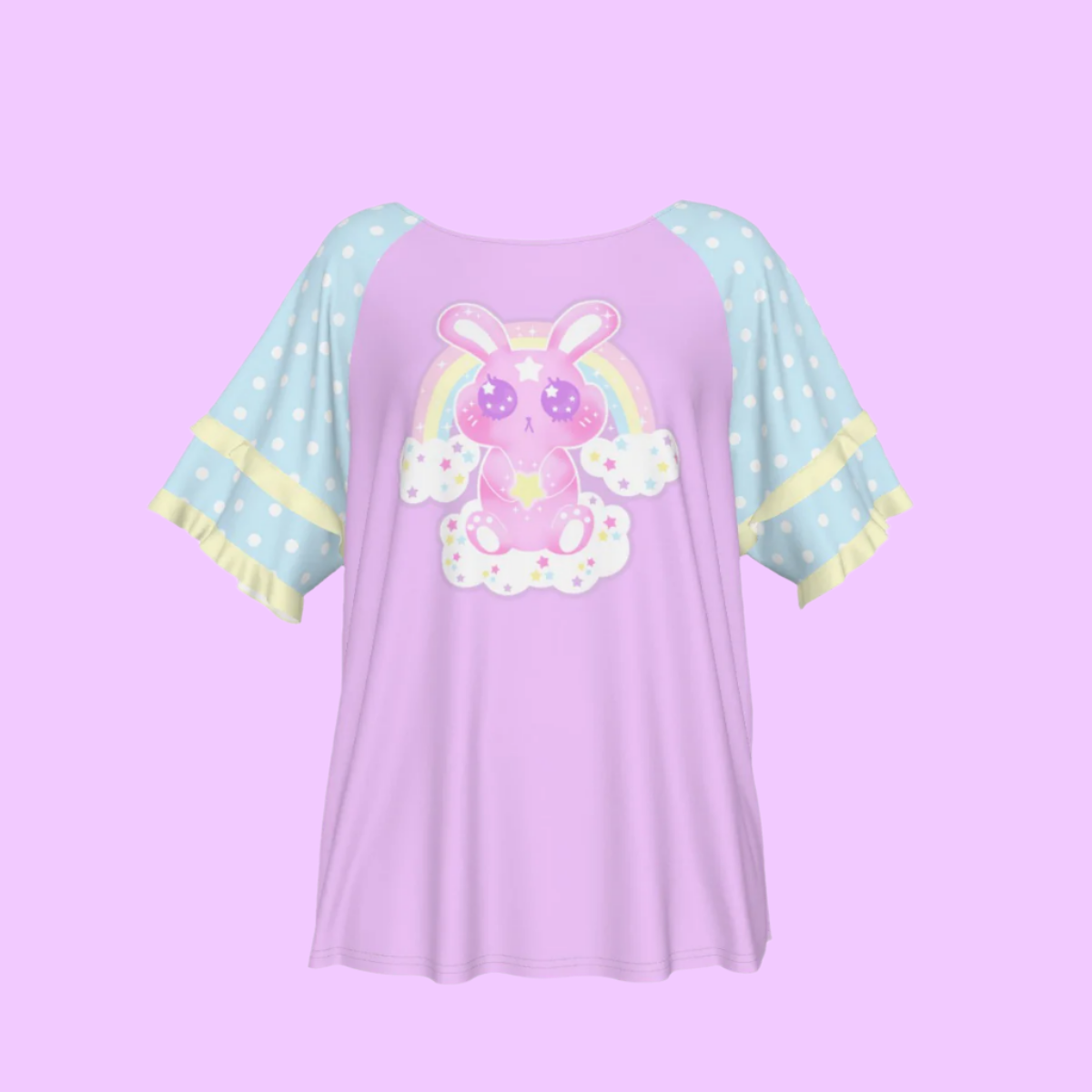 Wishing Bunny Purple Round Neck Raglan Sleeve Ruffle Frill T-Shirt
