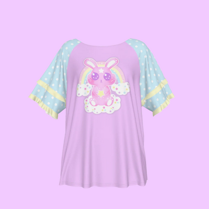 Wishing Bunny Purple Round Neck Raglan Sleeve Ruffle Frill T-Shirt