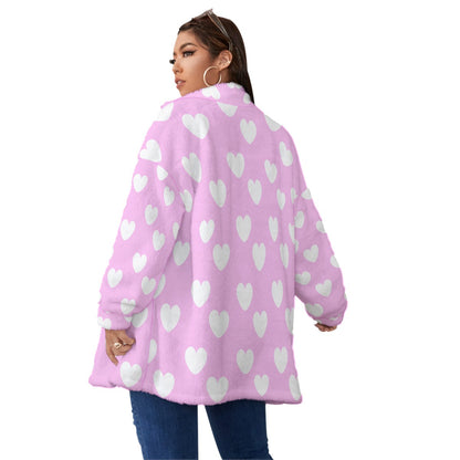 Sweet Love Hearts Oversized Fuzzy Fleece Coat With Zipper (White x Pink)