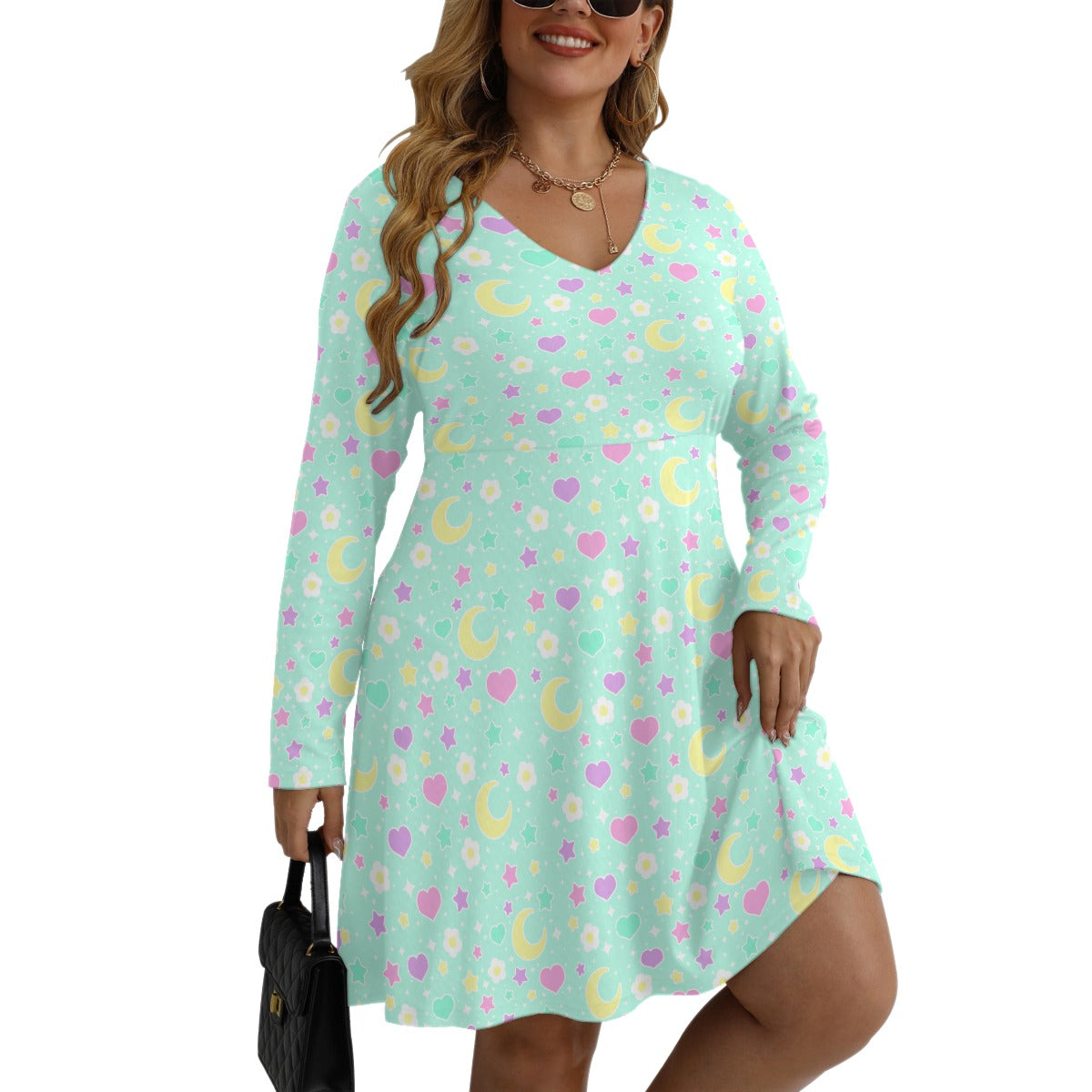 Magical Spring Mint Women's V-Neck Long Sleeve Dress (Plus Size)