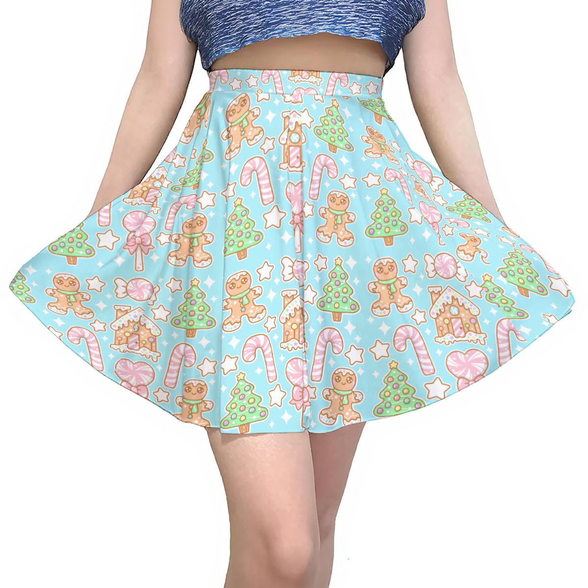 Kawaii Christmas Skater Skirt (Blue Cotton Candy)