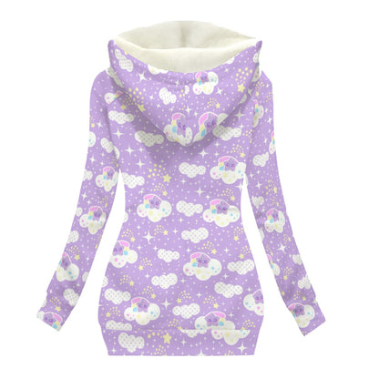 Shooting Star Clouds Women's Oblique Zipper Hoodie Jacket With Fleece Lining (Purple)