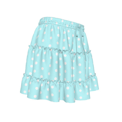 Cutie Polka Dots Aqua Blue Waist Tie Tiered Ruffle Mini Skirt