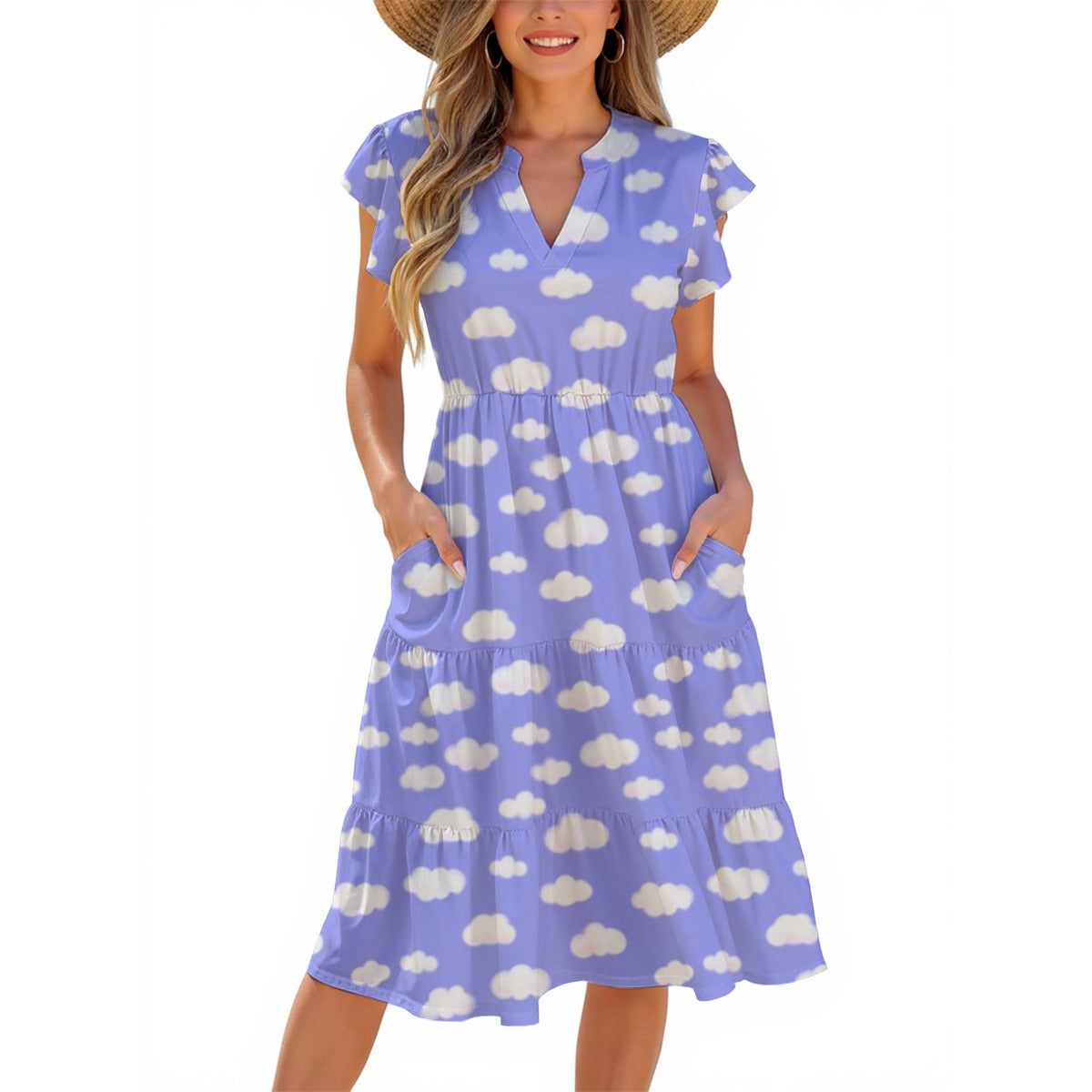 Dreamy Clouds Periwinkle Cap Sleeve V-Neck Tiered Hem Midi Dress With Pockets