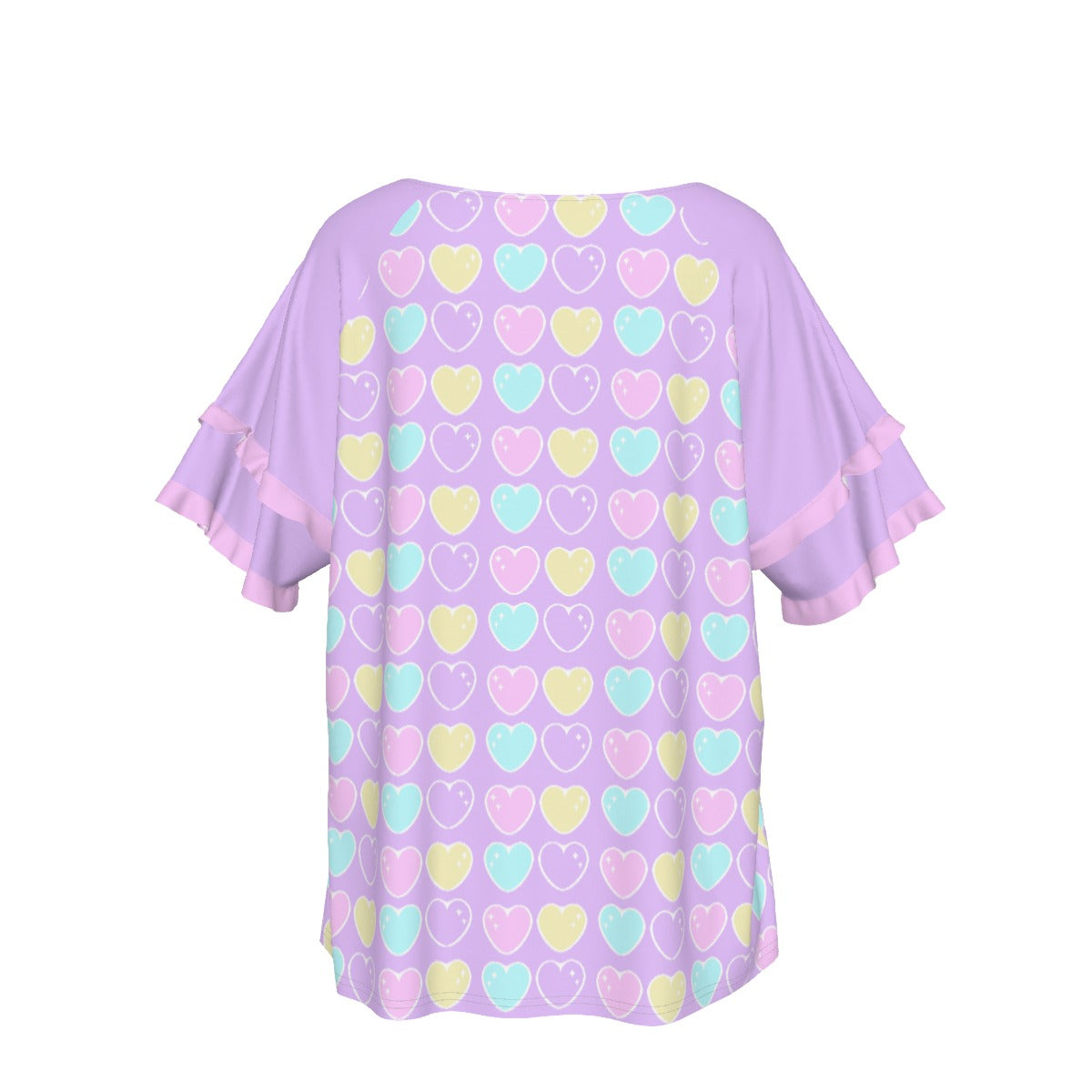 Sweet Love Hearts Purple Round Neck Raglan Sleeve Ruffle Frill T-Shirt