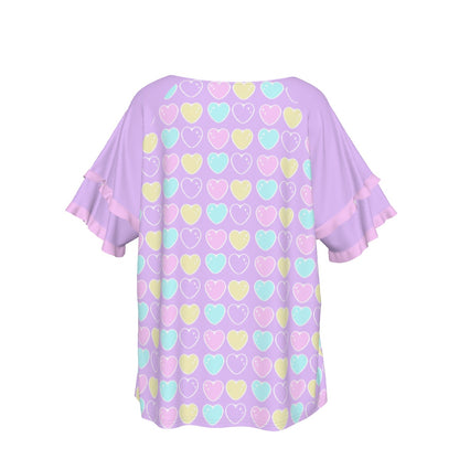 Sweet Love Hearts Purple Round Neck Raglan Sleeve Ruffle Frill T-Shirt