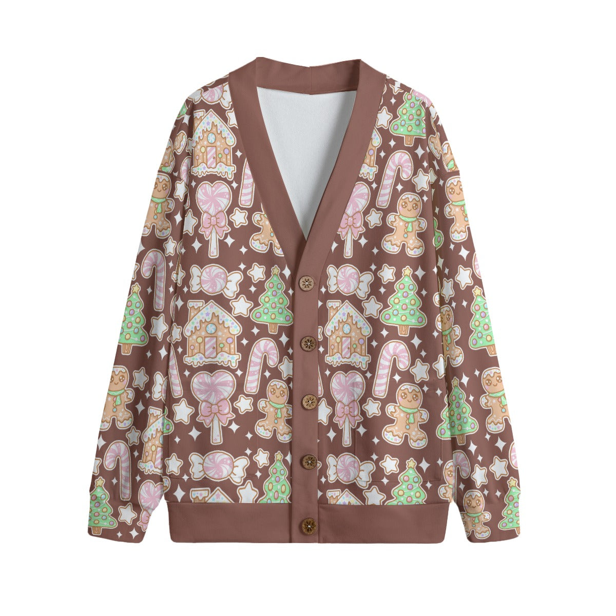 Kawaii Christmas Unisex V-Neck Knitted Fleece Button Up Cardigan With Pockets (Chocolate Cocoa)