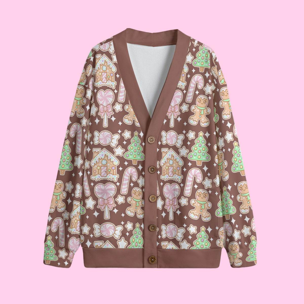 Kawaii Christmas Unisex V-Neck Knitted Fleece Button Up Cardigan With Pockets (Chocolate Cocoa)