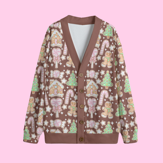 Kawaii Christmas Unisex V-Neck Knitted Fleece Button Up Cardigan With Pockets (Chocolate Cocoa)