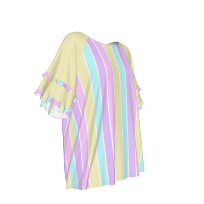 Pastel Stripes Yellow Round Neck Raglan Sleeve Ruffle Frill T-Shirt