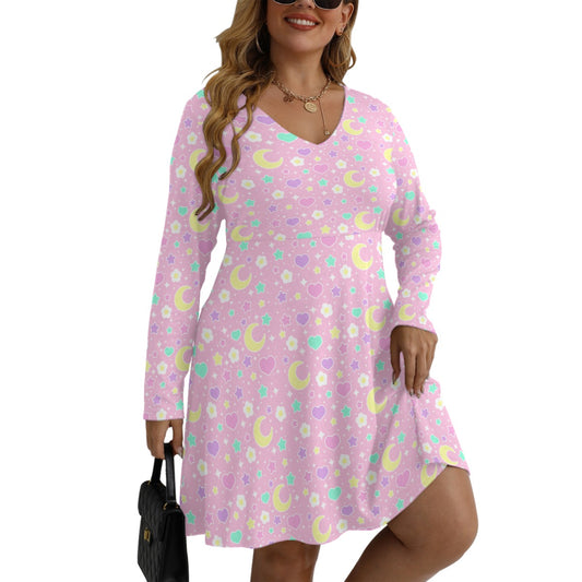 Magical Spring Pink Women's V-Neck Long Sleeve Dress (Plus Size)