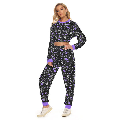 Milky Bat Night Women's Crop Sweatshirt & Sweatpants Set (Black)