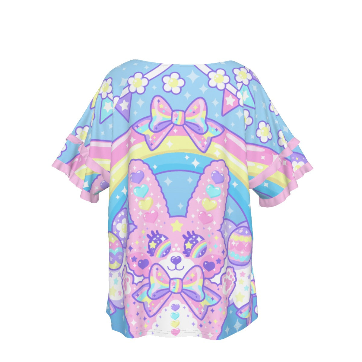 Magical Rainbow Easter Bunny Round Neck Raglan Sleeve Ruffle Frill T-Shirt