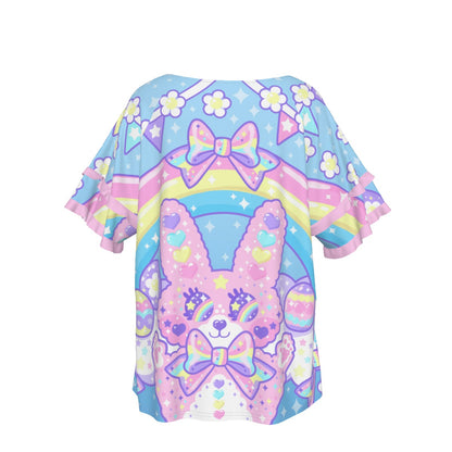 Magical Rainbow Easter Bunny Round Neck Raglan Sleeve Ruffle Frill T-Shirt