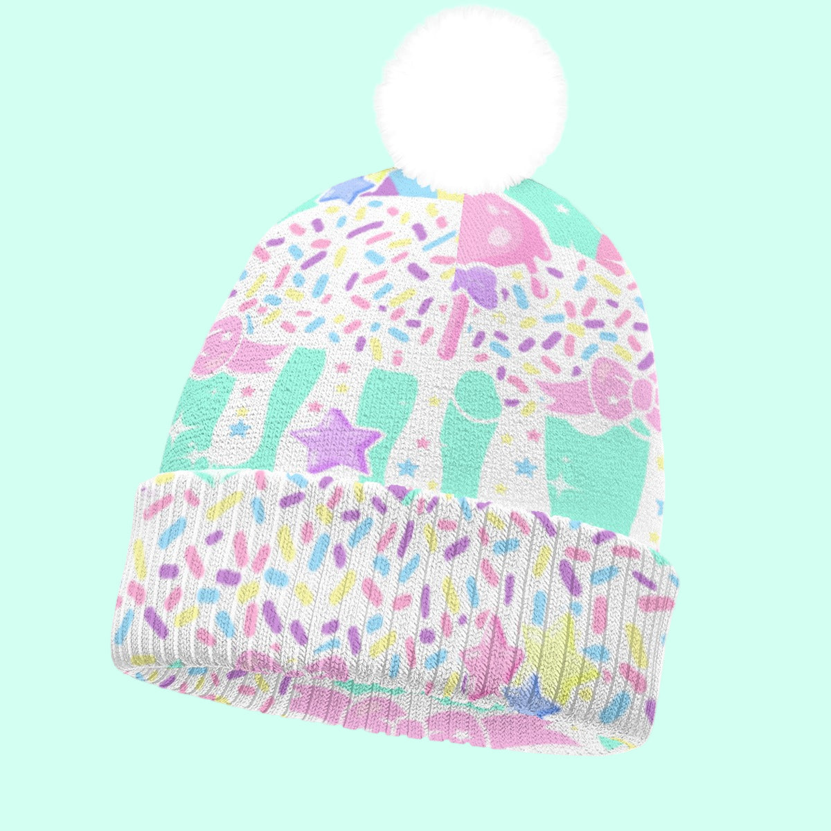 Rainbow Sweets Mint Knitted Beanie Hat With Pom-Pom