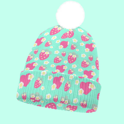 Strawberry Cutie Knitted Beanie Hat With Pom-Pom (Fruity Berry Mint)