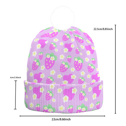 Strawberry Cutie Knitted Beanie Hat With Pom-Pom (Fruity Berry Purple)
