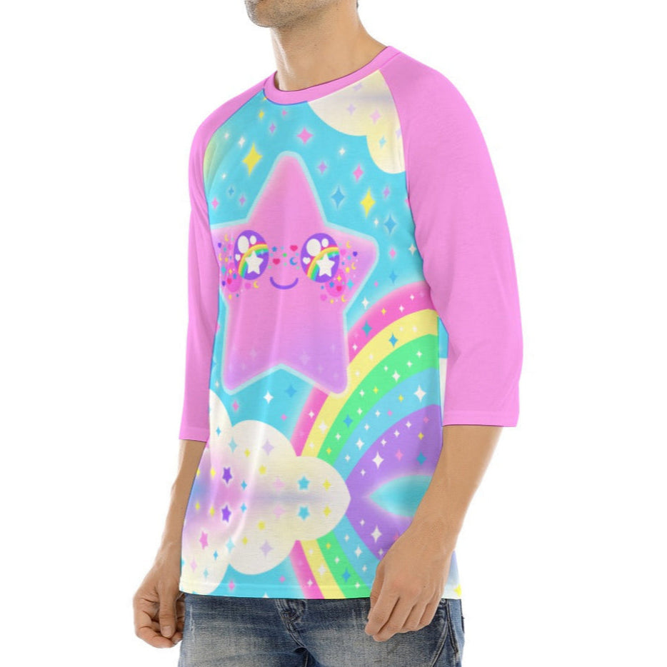 Rainbow Decora Star Unisex Raglan 3/4 Sleeve T-shirt (Pink)