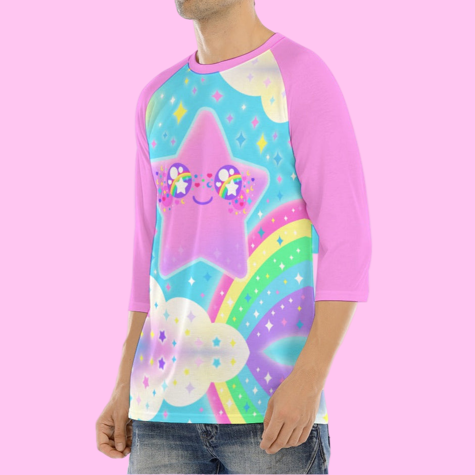 Rainbow Decora Star Unisex Raglan 3/4 Sleeve T-shirt (Pink)