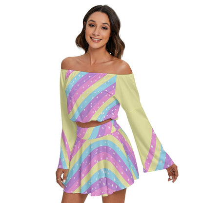 Starry Party Rainbow Women's Off The Shoulder Crop Top Blouse And Mini Skirt Set (Yellow)