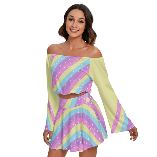 Starry Party Rainbow Women's Off The Shoulder Crop Top Blouse And Mini Skirt Set (Yellow)