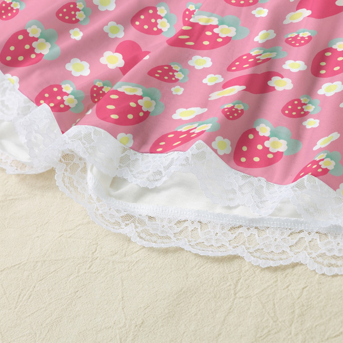 Strawberry Cutie Women's Cami & Shorts Lounge Wear Pajama Set With Lace Trim (Cottagecore Fruity Berry Pinky Red)