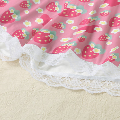 Strawberry Cutie Women's Cami & Shorts Lounge Wear Pajama Set With Lace Trim (Cottagecore Fruity Berry Pinky Red)