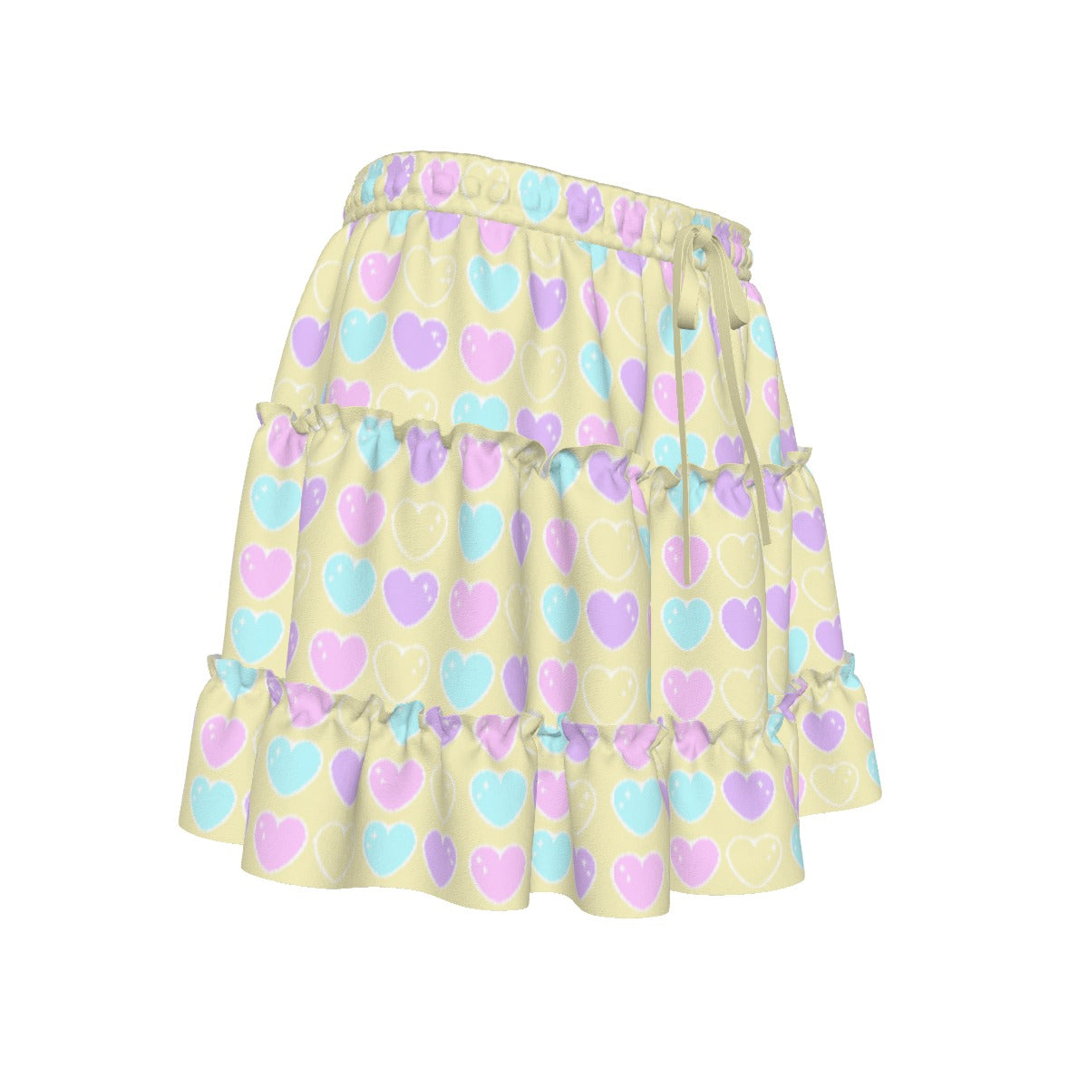 Sweet Love Hearts Yellow Waist Tie Tiered Ruffle Mini Skirt
