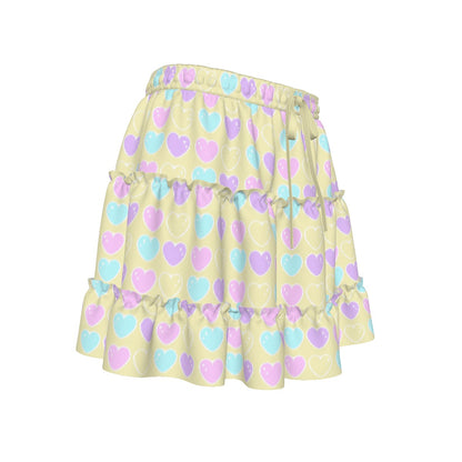 Sweet Love Hearts Yellow Waist Tie Tiered Ruffle Mini Skirt