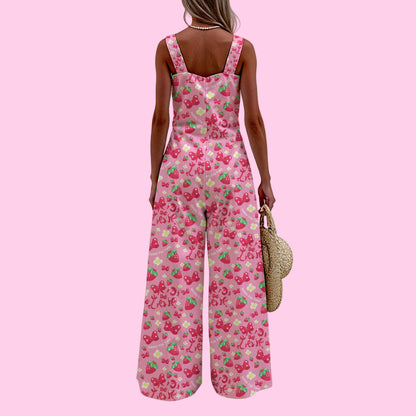Strawberry Ribbon Women's Wide Leg Jumpsuit Overalls