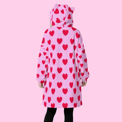 Sweet Love Hearts Cozy Oversized Fleece Blanket Hoodie With Cute Ears (Red x Pink)