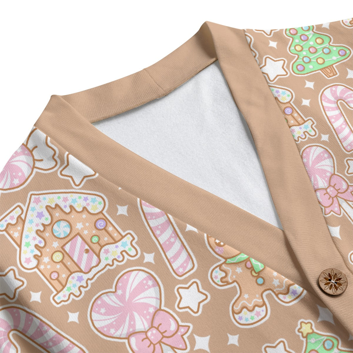 Kawaii Christmas Unisex V-Neck Knitted Fleece Button Up Cardigan With Pockets (Coffee Latte)