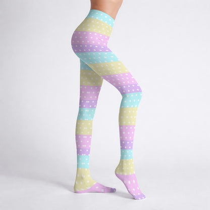 Cute Polka Dots Stretchy Tights (Pastel Rainbow Stripes Color Block)