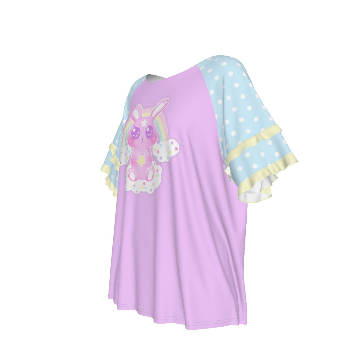 Wishing Bunny Purple Round Neck Raglan Sleeve Ruffle Frill T-Shirt
