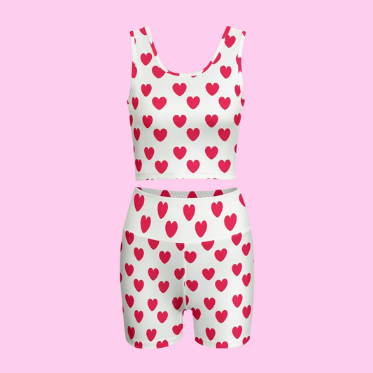 Sweet Love Hearts Women's Crop Top & Yoga Shorts Set (Red x White)