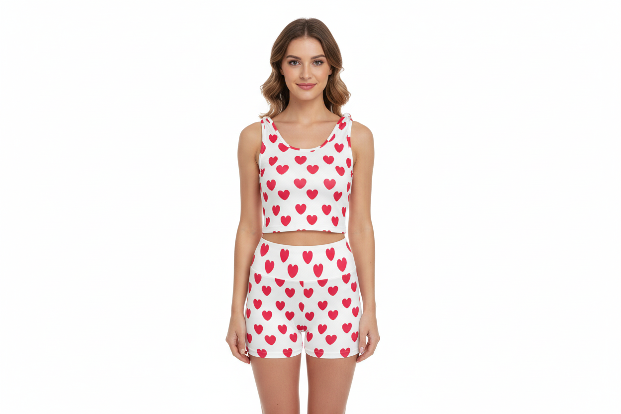 Sweet Love Hearts Women's Crop Top & Yoga Shorts Set (Red x White)