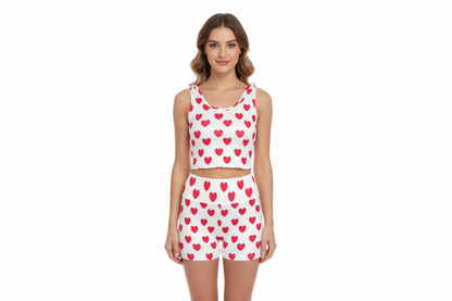 Sweet Love Hearts Women's Crop Top & Yoga Shorts Set (Red x White)