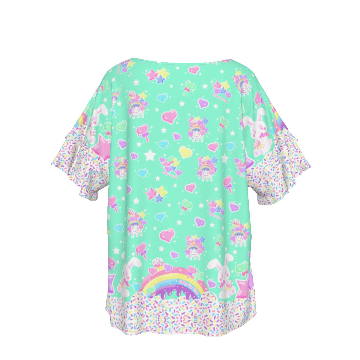 Rainbow Sweets Round Neck Raglan Sleeve Ruffle Frill T-Shirt (Mint)