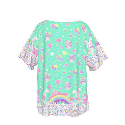 Rainbow Sweets Round Neck Raglan Sleeve Ruffle Frill T-Shirt (Mint)