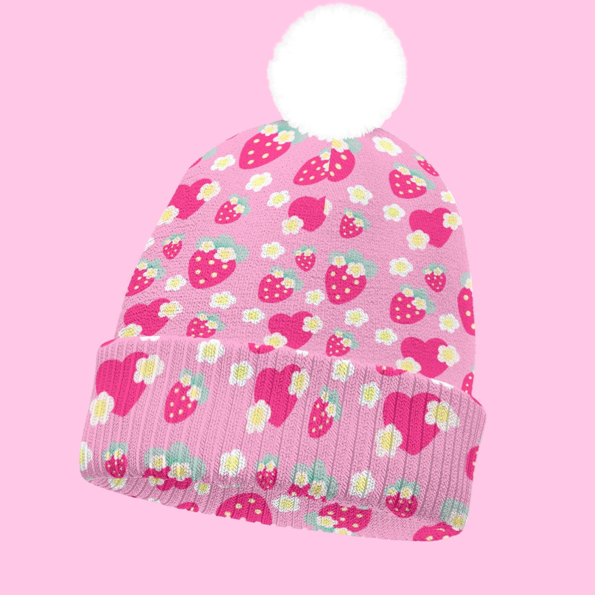 Strawberry Cutie Knitted Beanie Hat With Pom-Pom (Soda Pop Fruity Berry Pink)