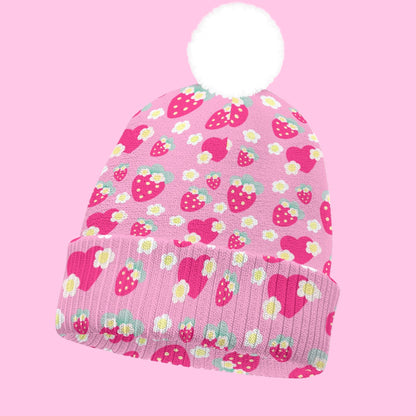 Strawberry Cutie Knitted Beanie Hat With Pom-Pom (Soda Pop Fruity Berry Pink)