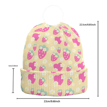 Strawberry Cutie Knitted Beanie Hat With Pom-Pom (Fruity Berry Yellow)