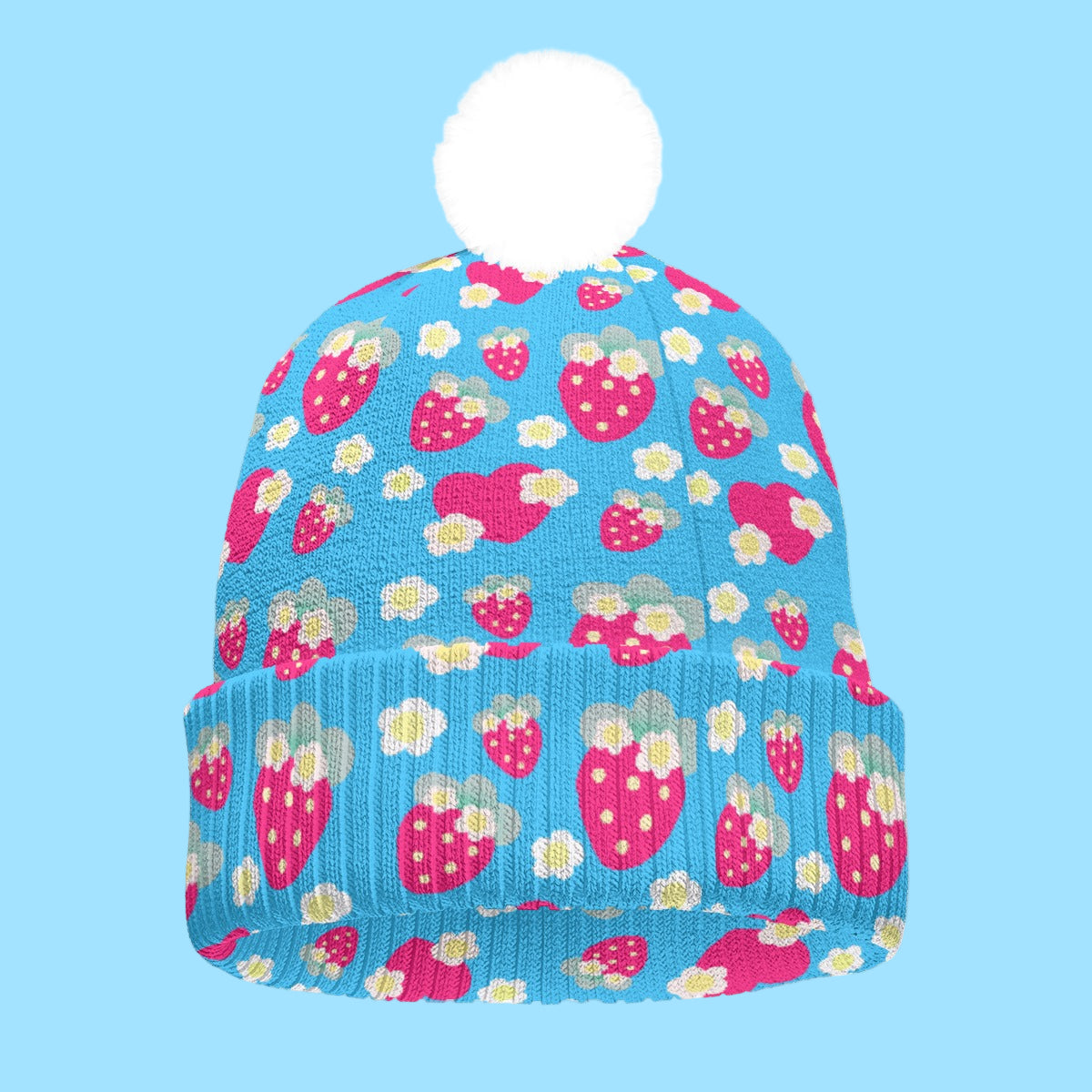 Strawberry Cutie Knitted Beanie Hat With Pom-Pom (Soda Pop Fruity Berry Blue)