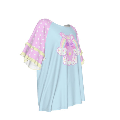 Wishing Bunny Blue Round Neck Raglan Sleeve Ruffle Frill T-Shirt