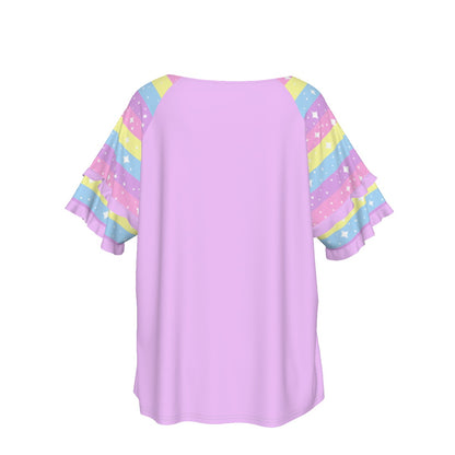 Happy Rainbow Cloud Purple Round Neck Raglan Sleeve Ruffle Frill T-Shirt